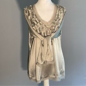 Worth Sm Silver Gray Silk V-neck Long Sleeve Tunic Geometric Fabric/Tube Details